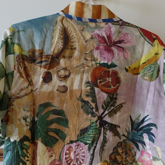Australian inspired Tropical fish fruit shrimp melon oranges linen shirt 2 - Picture 11 of 12